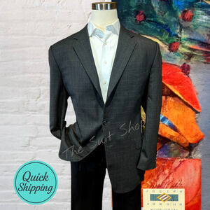 Joseph Abboud 44L Brown Tan Windowpane Plaid Wool Blazer Sport Jacket 3/2 Roll